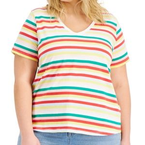 Style & Co Womens Size 2X V-Neck T-Shirt Happy Stripes Multi Color 100% Cotton